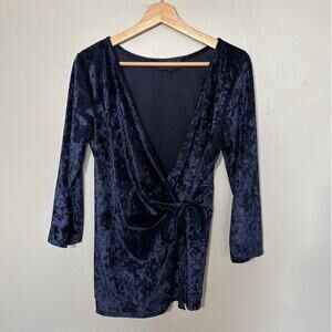 Women's Size L Vintage Y2K Inner Beauty Blue Crushed Velvet Long Sleeve Wrap Top